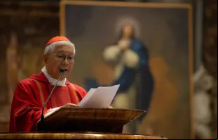 O prefeito do Dicastério para o Clero da Santa Sé, dom Lazarus cardeal You Heung-sik, celebrou a missa na basílica de São Pedro, Vaticano, para católicos coreanos antes que a estátua de santo André Kim Tae-gŏn fosse abençoada pelo arcipreste da Basílica de São Pedro, cardeal Mauro Gambetti, em 16 de setembro de 2023.