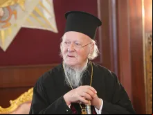 Patriarca ecumênico Bartolomeu de Constantinopla em audiência na sede patriarcal em Istambul, Turquia, com a Associação Alemã da Terra Santa, 12 de março de 2025.