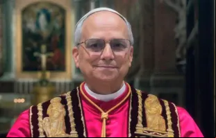 Na foto oficial, o papa Leão XIV está vestido com a veste vermelha, a estola bordada, o roquete e a cruz peitoral dourada