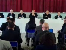 Cardeais brasileiros na coletiva de imprensa no Pontifício Colégio Brasileiro em Roma no dia 9 de maio de 2025.