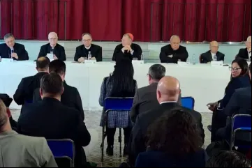 Cardeais brasileiros na coletiva de imprensa no Pontifício Colégio Brasileiro em Roma.