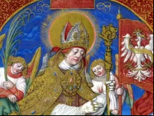 Santo Estanislau retratado como padroeiro da Polônia em miniatura de Stanisław Samostrzelnik de Mogiła.