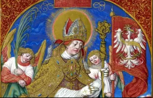 Santo Estanislau retratado como padroeiro da Polônia em miniatura de Stanisław Samostrzelnik de Mogiła.