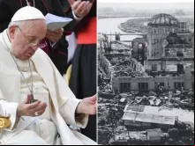Papa Francisco em vigília ecumênica de oração na praça de São Pedro, no Vaticano, em 30 de setembro de 2023. / Destruição causada pela bomba atômica em Hiroshima, Japão, em 6 de agosto de 1945.
