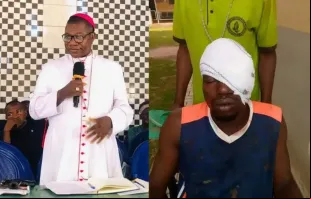 Bispo da diocese de Wukari, Nigéria, dom Mark Maigida Nzukwein, e assistente de igreja em Wukari que perdeu um olho.