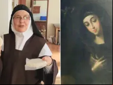 Madre Verônica da Santa Fé mostra algumas das hóstias que serão consagradas durante o Congresso Eucarístico Internacional Quito  2024 - Retrato de santa Mariana de Jesus.