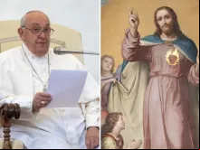 Papa Francisco em audiência geral ontem (23)na praça de São Pedro, no Vaticano. em 23 de outubro de 2024. Uma pintura de altar do Sagrado Coração de Jesus por sco de Rhoden na basílica do Sagrado Coração de Jesus em Roma, Itália.