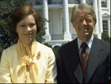 O ex-presidente dos EUA, Jimmy Carter, com sua mulher Rosalynn na Casa Branca, em Washington D.C., EUA.