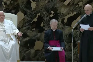 Padre Pierluigi Giroli lê catequese preparada pelo papa Francisco na Aula Paulo VI