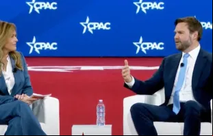 O vice-presidente dos EUA, J.D. Vance, fala ontem (20) com Mercedes Schlapp na Conferência Política de Ação Conservadora de 2025 em National Harbor, Maryland, EUA.