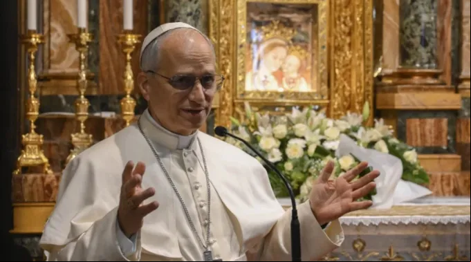 Leão XIV discursa diante de ícone de Nossa Senhora no santuário da Mãe do Bom Conselho em Genazzano, ?? 