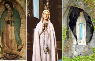Pintura original de Nossa Senhora de Guadalupe, imagens de Nossa Senhora de Fátima e de Nossa Senhora de Lourdes