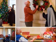 Irmãzinhas dos Pobres acompanhando os idosos nos preparativos para o Natal. Créditos: Irmãzinhas dos pobres