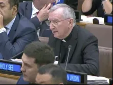 Cardeal Pietro Parolin diante da ONU em Nova York. Crédito: Holy See Mission