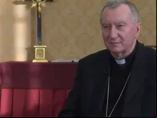 Cardeal Parolin durante a entrevista.