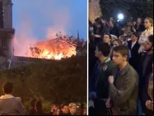 Católicos rezam ante a Catedral de Notre Dame de Paris em chamas. Imagens: Twitter