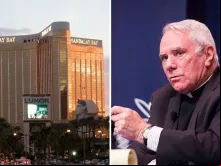Mandalay Bay Resort and Casino em Las Vegas (esquerda) e Pe. Clete Kiley (direita
