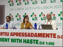 Padre Nuno Amador, Carmo Dinis e Jorge Messias na coletiva de imprensa