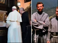 Papa Francisco reza diante das relíquias dos beatos mártires Michele Tomaszek e Zbigneo Strzalkowski.