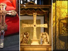 Relíquia Lignum Crucis (esquerda), Sudário de Oviedo e Santo Cálice (direita).