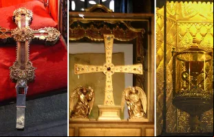 Relíquia Lignum Crucis (esquerda), Sudário de Oviedo e Santo Cálice (direita).