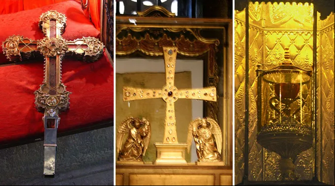 LignunCrucis_WikipediaFranciscoJDiezMartinCC_BY_SA_25_Sudariooviedo_WikipediaDominioPublico_CalizCatedralValencia_WikipediaVitoldMuratovCC_BY_SA_30_110417.jpg ?? 