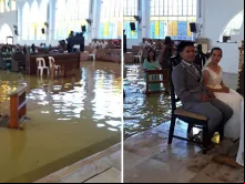 Casamento de Jefferson e Jobel de los Angeles em um templo inundado das Filipinas