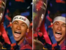 Foto original de Neymar (esquerda) e a censura da FIFA (direita). Captura de tela: Youtube