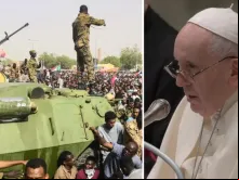 Tropas sudanesas perto de um protesto civil no Sudão (2019