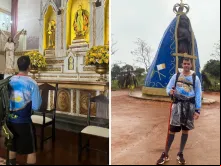 Rafael Lúcio antes de começar a peregrinação, em Monte Sião, e durante o caminho