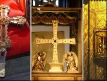 Relíquia Lignum Crucis (esquerda), Sudário de Oviedo e Santo Cálice (direita).