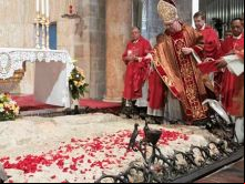 Momento em que jogam pétalas sobre pedra onde Jesus suou sangue 