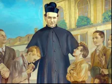 Pintura de Dom Bosco com jovens da obra