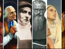 Da esquerda para a direita: santo Afonso Maria de Ligório, são João Maria Vianney, santa Edith Stein, são Maximiliano Kolbe, santa Mônica, santo Agostinho
