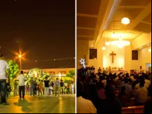 Vista do exterior e interior de St. Mary Catholic Church em Dubai 