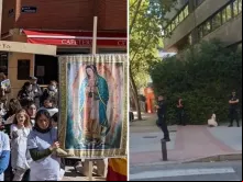 Pessoas rezam o terço em frente à empresa de aborto Dator